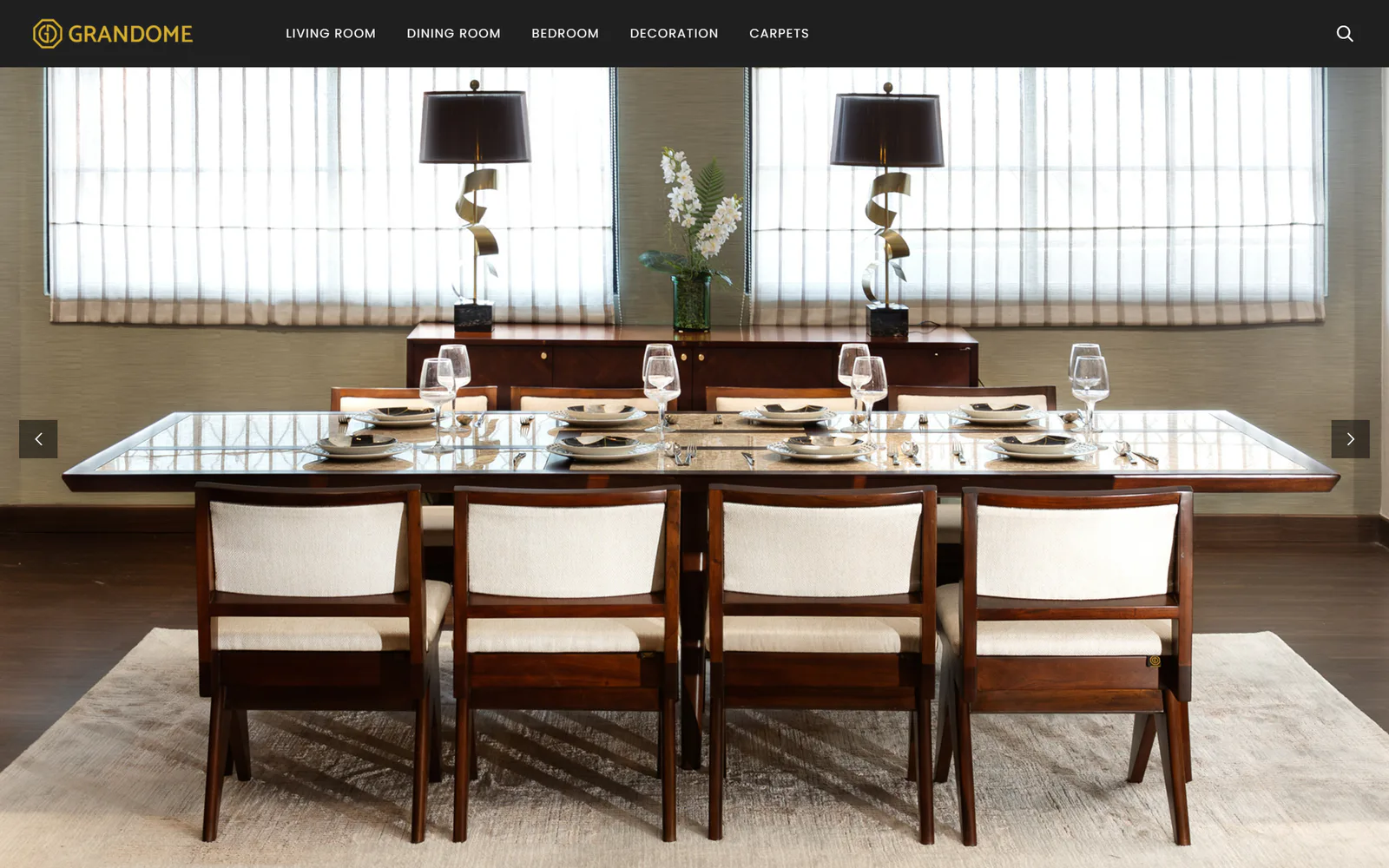 Website katalog furnitur Grandome dengan kategori produk